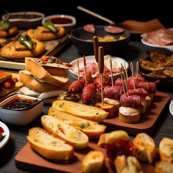 Appetizing spanish tapas with anchovies and shrimp close-up in the restaurant of San Sebastian, Donostia, Spain